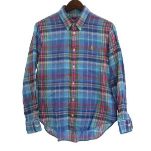 ボタンダウンシャツ チェック リネン100% カジュアル 青系 ブルー系 マルチ M