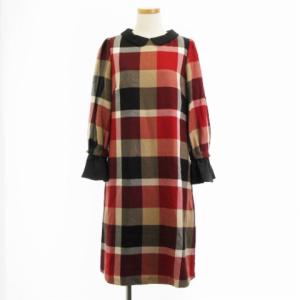 チェック ウール ビエラ サック ドレス ワンピース ひざ丈 七分袖 ブラック レッド 38
