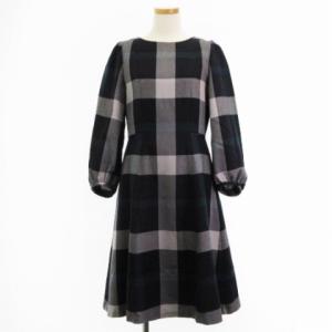 チェック ウール ビエラ ワンピース ひざ丈 七分袖 ブラック グリーン 38
