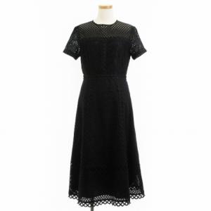 良品 ワンピース ロング 半袖 メッシュ シアー レース 黒 ブラック 36
