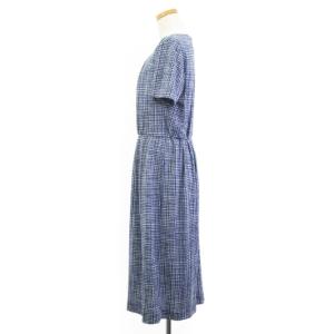 Leilian タグ付き ワンピース ひざ丈 半袖 アンダースカート付き ギンガムチェック ストレッチ 青系 ネイビー 9