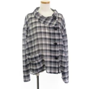 美品 ブラウス チェック シースルー カーディガン プリーツ 青系 ブルー 42 L位