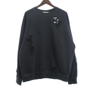 フレンチテリー ディストレスド クルーネック スウェット ダメージ加工 トレーナー ダークグレー 黒系 ブラック XL