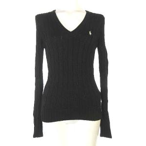 ニット セーター 長袖 ケーブル Vネック ワンポイント ロゴ刺繍 コットン 黒 ブラック XS