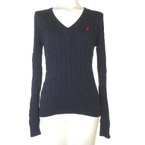 ニット セーター 長袖 ケーブル Vネック ワンポイント ロゴ刺繍 コットン 小さいサイズ 紺 ネイビー XS