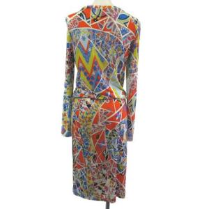 Emilio Pucci ワンピース シルク混 ロング 長袖 幾何学柄 総柄 オレンジ 42