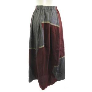JURGEN LEHL ロングスカート ウエストゴム チェック シルク ボルドー ネイビー M