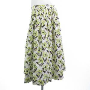 PRADA 美品 フレアスカート ギャザー 花柄 総柄 ひざ丈 イエロー系 ホワイト 44 L位