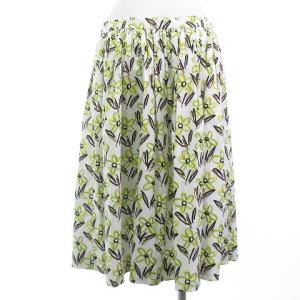 PRADA 美品 フレアスカート ギャザー 花柄 総柄 ひざ丈 イエロー系 ホワイト 44 L位