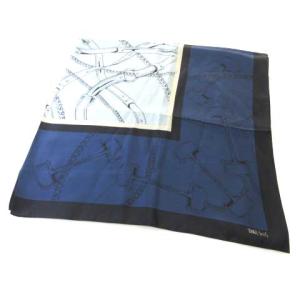 スカーフ シルク100 大判 チェーン ビット柄 ネイビー ブルー