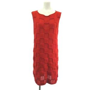 ノースリーブ ニットワンピース ひざ丈 ブロックチェック 赤 レッド M