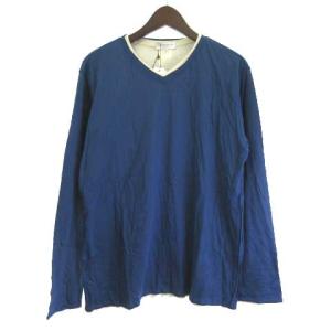 タグ付き Tシャツ カットソー ロンT 長袖 レイヤード風 シルク混 ネイビー ベージュ M