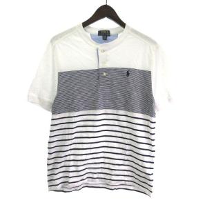 ボーイズ 18-20 Tシャツ カットソー 半袖 ボーダー 半袖 ヘンリーネック ホワイト ネイビー XL