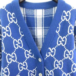 GUCCI 770586 XKDSM GG リバーシブル チェック ウール カーディガン ブルー M