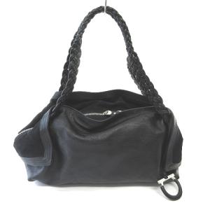 ショルダーバッグ レザー ガンチーニ スエード切替 編込み ブラック 黒