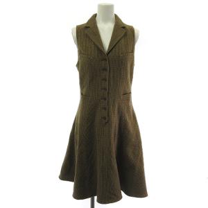 ウールワンピース ひざ丈 フレア チェック 裏地シルク ブラウン ベージュ 9 GY22