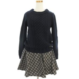 ニット ドッキング ワンピース ミニ チェック 長袖 ネイビー