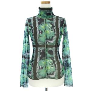 カットソー 長袖 タートル 花柄 フラワー 緑 グリーン 黒 ブラック 