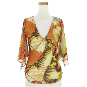 カットソー シースルーフレンチスリーブ Vネック タイト 総柄 オレンジ ブラウン マルチカラー 