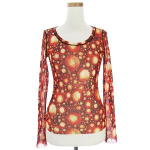 カットソー 長袖 シースルー 総柄 タイト 赤 レッド 黒 ブラック オレンジ 