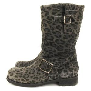 JIMMY CHOO 247BIKER バイカー ブーツ レオパード柄 スエード ローヒール グレー系 37