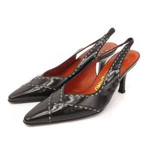 ミュールパンプス ポインテッドトゥ バックストラップ ステッチ レザー 6 ブラック