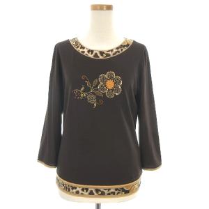 FASHION 美品 カットソー 七分袖 クルーネック ビーズ スパンコール ラインストーン 装飾 フラワー レオパード ヒョウ柄