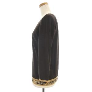 LEONARD FASHION 美品 カットソー 七分袖 クルーネック ビーズ スパンコール ラインストーン 装飾 フラワー レオパード ヒョウ柄