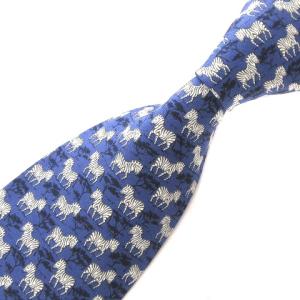 美品 ネクタイ レギュラータイ シマウマ柄 総柄 シルク 青 ブルー SMV AA