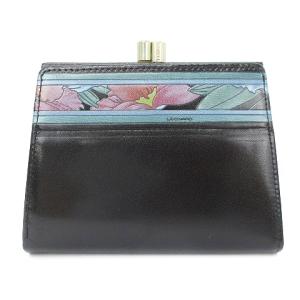 二つ折り 財布 がま口 レザー 台形 花柄 ブラック ウォレット