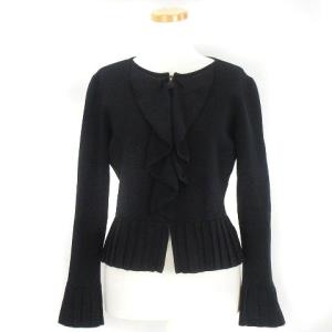 ニット カーディガン ノーカラージャケット センタージップ プリーツ フリル ブラック