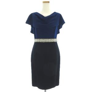 美品 バックシャンワンピース ドレス ノースリーブ ドレープネック ひざ丈 パール 装飾 切替 無地 15335126 紺