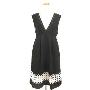 17AW ワンピース ノースリーブ 深Vネック ひざ丈 裾レース 黒 ブラック 0 SM0
