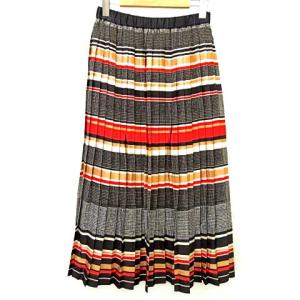 美品 スカート ロング アコーディオンプリーツ ボーダー チェック ウエストゴム 36 S マルチ ブラック ベージュ