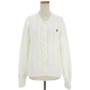 カーディガン ケーブルニット 長袖 クルーネック ポニー刺繍 コットン M ホワイト