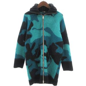 ニットジャケット ジップアップ ロング カモフラ柄 モヘヤ混 グリーン ブラック