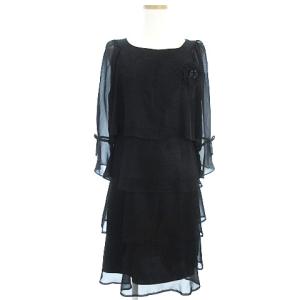 美品 コサージュ付き ワンピース シアースリーブ 7分袖 ひざ丈 ティアード フォーマル ブラック 黒 38 SM0