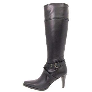 BARNEYS NEW YORK 美品 ロングブーツ ポインテッドトゥ ヒール クロスベルト レザー カーフブラック 黒 36 シューズ SM0