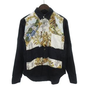 シャツ 長袖 シルク 切替 フロントボタン プリント 1L-B018 AD2013 黒 ブラック XS SM0