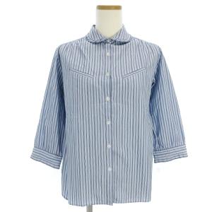 美品 シャツ ブラウス 七分袖 ラッフルカラー コットン フロントボタン ストライプ 青 ブルー 1 SM0