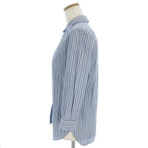 MHL. 美品 シャツ ブラウス 七分袖 ラッフルカラー コットン フロントボタン ストライプ 青 ブルー 1 SM0