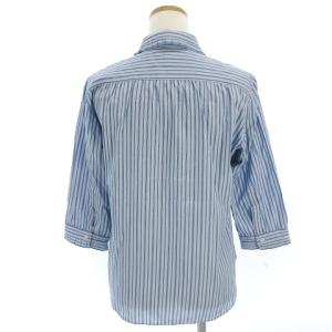 MHL. 美品 シャツ ブラウス 七分袖 ラッフルカラー コットン フロントボタン ストライプ 青 ブルー 1 SM0