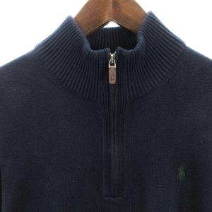 POLO RALPH LAUREN ニット セーター 長袖 ハイネック プルオーバー ハーフジップ ハイゲージ ワンポイント ポニー コットン 無地 紺 ネイビー