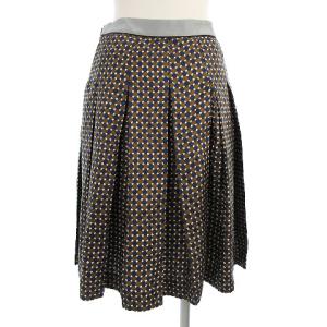 PRADA スカート ひざ丈 フレア ボックスプリーツ 総柄 シルク100% 茶 ブラウン ネイビー 38 SM0