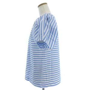 Drawer 美品 ショートスリーブブラウス 半袖 パフスリーブ ギャザー ストライプ 6521-299-0494 青 ブルー 36 SM0