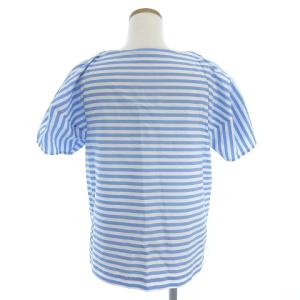Drawer 美品 ショートスリーブブラウス 半袖 パフスリーブ ギャザー ストライプ 6521-299-0494 青 ブルー 36 SM0