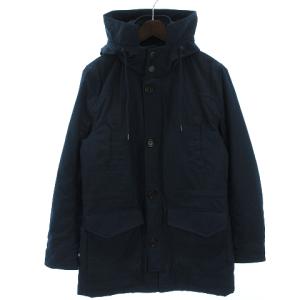 中綿ジャケット 長袖 フード付き 無地 ドローコード フロントボタン ネイビー