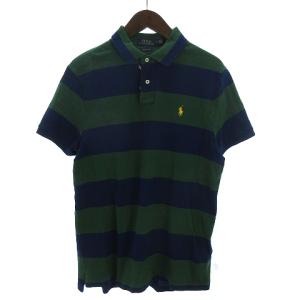 ポロシャツ カットソー 半袖 鹿の子 コットン ポニー フロントボタン ロゴ 刺繍 ボーダー 紺 ネイビー 緑 グリーン L