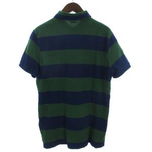 POLO RALPH LAUREN ポロシャツ カットソー 半袖 鹿の子 コットン ポニー フロントボタン ロゴ 刺繍 ボーダー 紺 ネイビー 緑 グリーン L