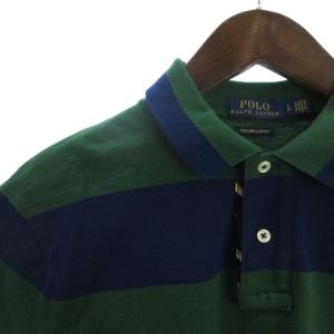 POLO RALPH LAUREN ポロシャツ カットソー 半袖 鹿の子 コットン ポニー フロントボタン ロゴ 刺繍 ボーダー 紺 ネイビー 緑 グリーン L